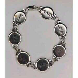 WJ 925 Sterling Silver Peace Love Joy Hope Faith Truth & Life Chain Bracelet